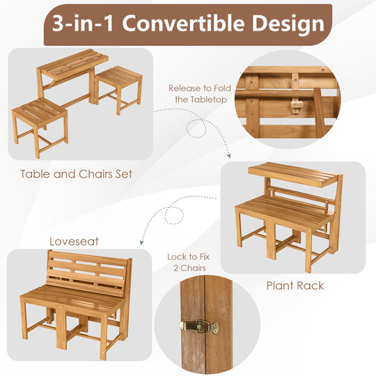 3-in-1 Outdoor Acacia Wood Loveseat Bench Furniture with Slatted Seat