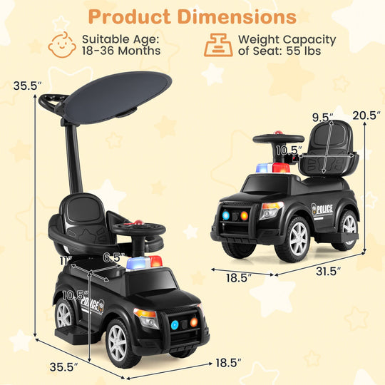 3-in-1 Toddler Push Car with Handle and Canopy