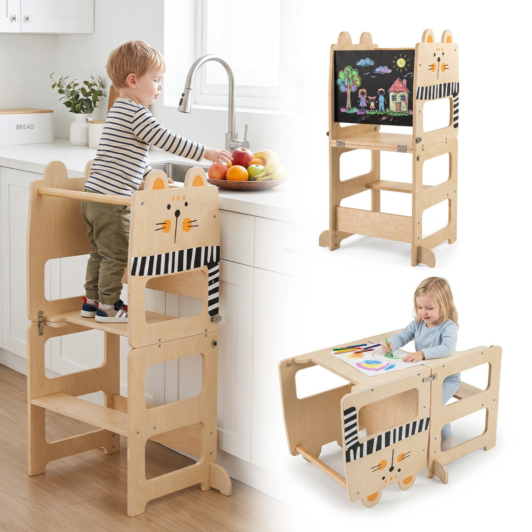 3-in-1 Wooden Kids Step Stool with Chalkboard