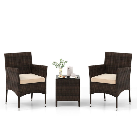 3 Pieces Outdoor Conversation Set with Cushioned Seat and Glass Tabletop