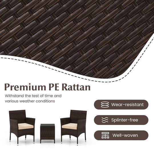 3 Pieces Outdoor Conversation Set with Cushioned Seat and Glass Tabletop