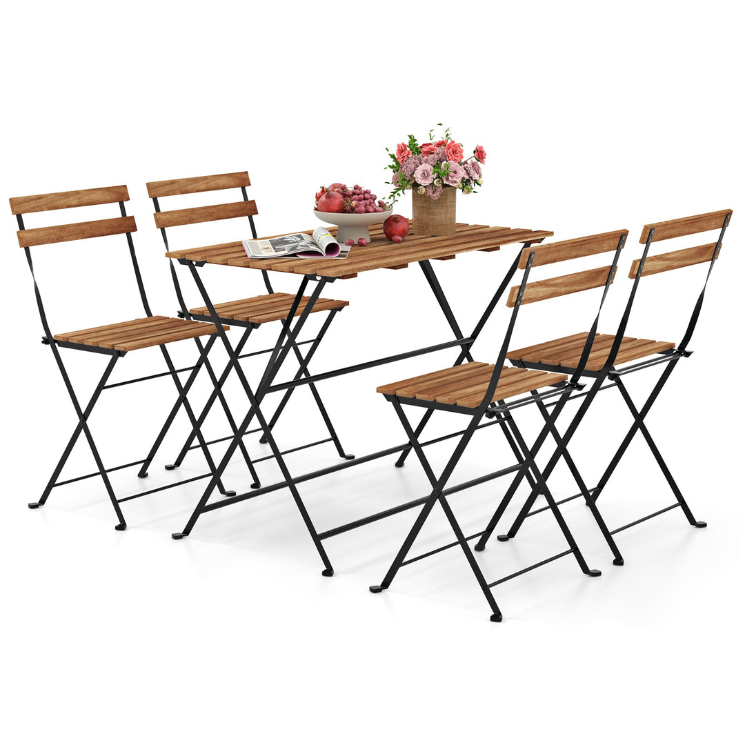 5 Piece Patio Acacia Wood Dining Set with 4 Folding Chairs-Brown