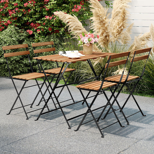5 Piece Patio Acacia Wood Dining Set with 4 Folding Chairs-Brown