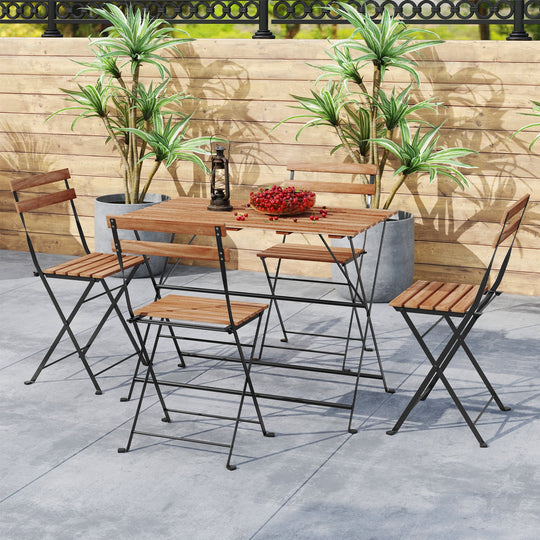 5 Piece Patio Acacia Wood Dining Set with 4 Folding Chairs-Brown