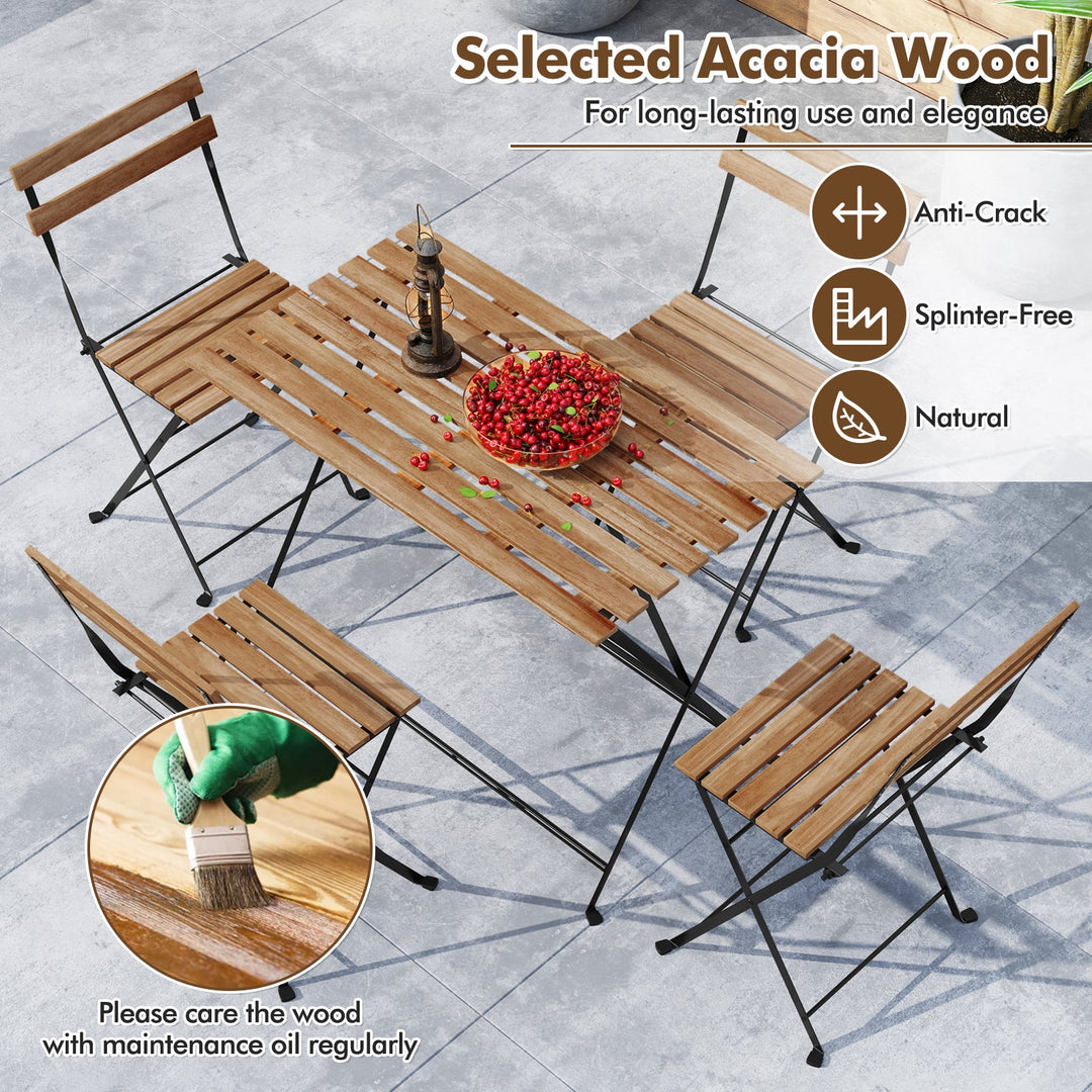 5 Piece Patio Acacia Wood Dining Set with 4 Folding Chairs-Brown