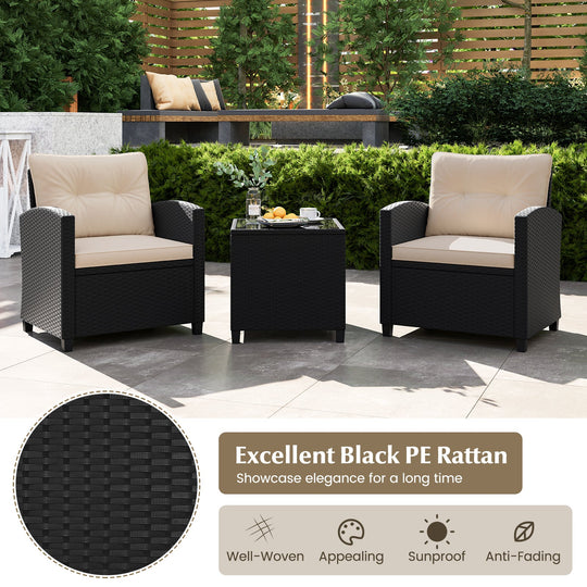 3 Pieces Patio Furniture Set with Tempered Glass Coffee Table
