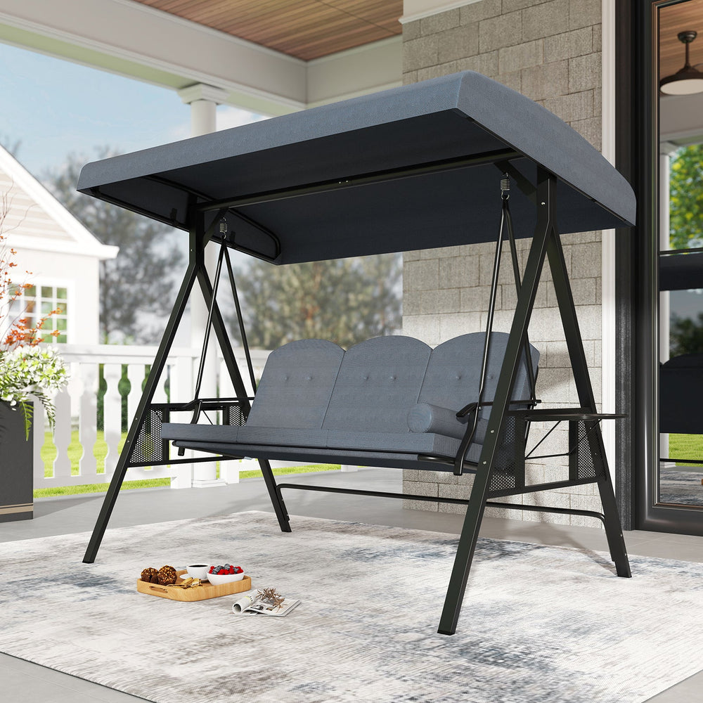 3-Seat Patio Swing Chair Porch Swing with Adjustable Canopy Thickened Cushions Pillow and Foldable Side Trays