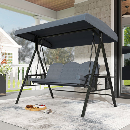 3-Seat Patio Swing Chair Porch Swing with Adjustable Canopy Thickened Cushions Pillow and Foldable Side Trays