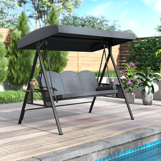 3-Seat Patio Swing Chair Porch Swing with Adjustable Canopy Thickened Cushions Pillow and Foldable Side Trays