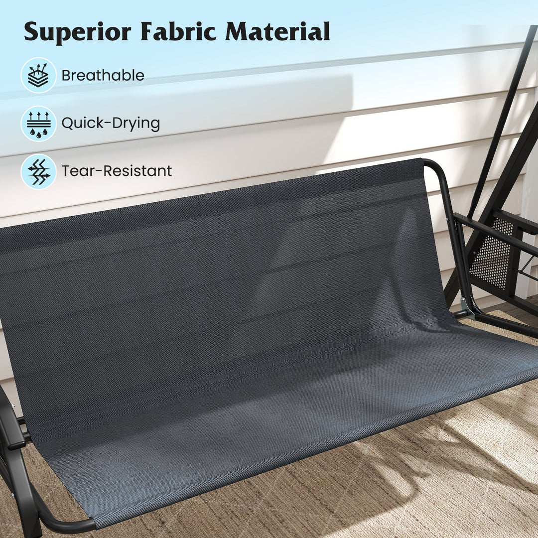 3-Seat Patio Swing Chair Porch Swing with Adjustable Canopy Thickened Cushions Pillow and Foldable Side Trays