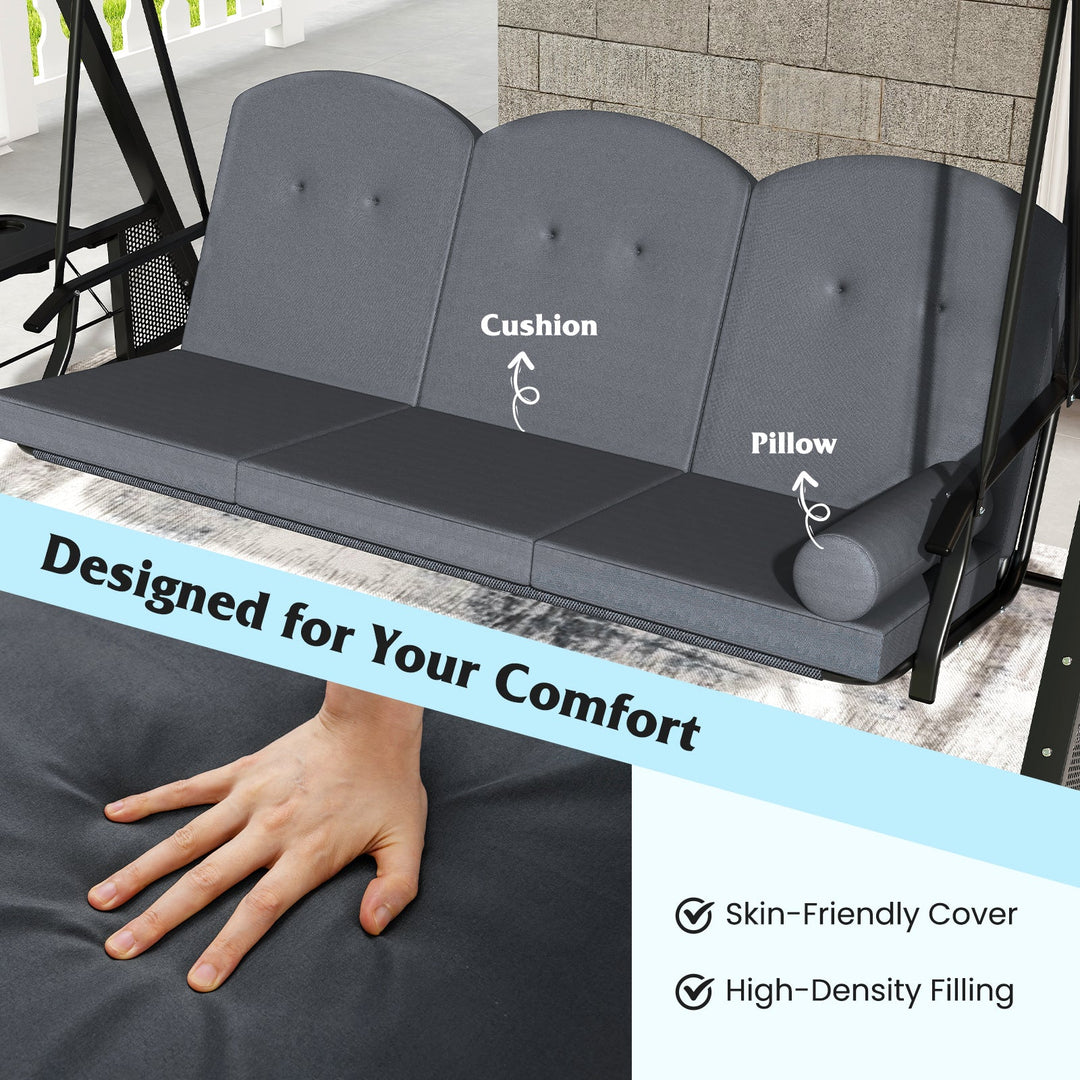 3-Seat Patio Swing Chair Porch Swing with Adjustable Canopy Thickened Cushions Pillow and Foldable Side Trays