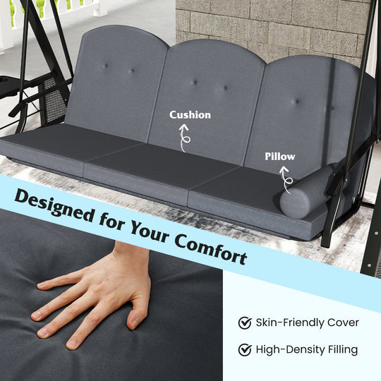 3-Seat Patio Swing Chair Porch Swing with Adjustable Canopy Thickened Cushions Pillow and Foldable Side Trays