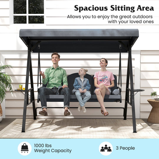 3-Seat Patio Swing Chair Porch Swing with Adjustable Canopy Thickened Cushions Pillow and Foldable Side Trays