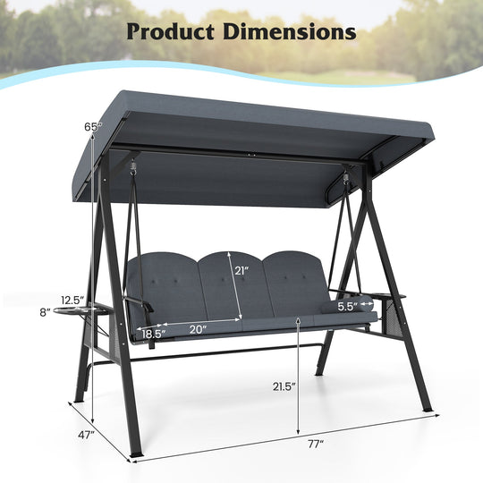 3-Seat Patio Swing Chair Porch Swing with Adjustable Canopy Thickened Cushions Pillow and Foldable Side Trays