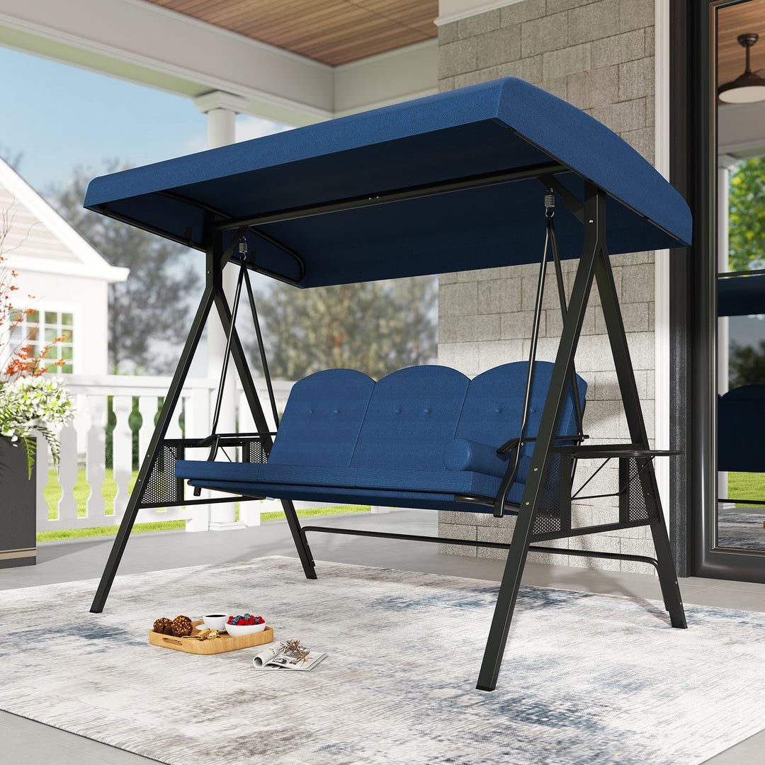 3-Seat Patio Swing Chair Porch Swing with Adjustable Canopy Thickened Cushions Pillow and Foldable Side Trays
