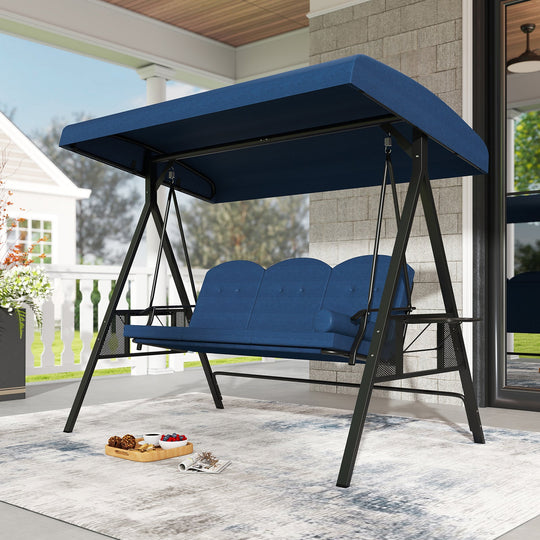 3-Seat Patio Swing Chair Porch Swing with Adjustable Canopy Thickened Cushions Pillow and Foldable Side Trays