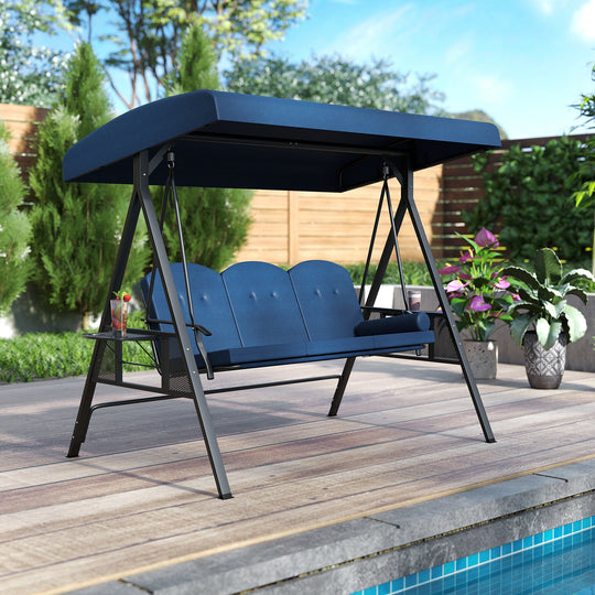 3-Seat Patio Swing Chair Porch Swing with Adjustable Canopy Thickened Cushions Pillow and Foldable Side Trays