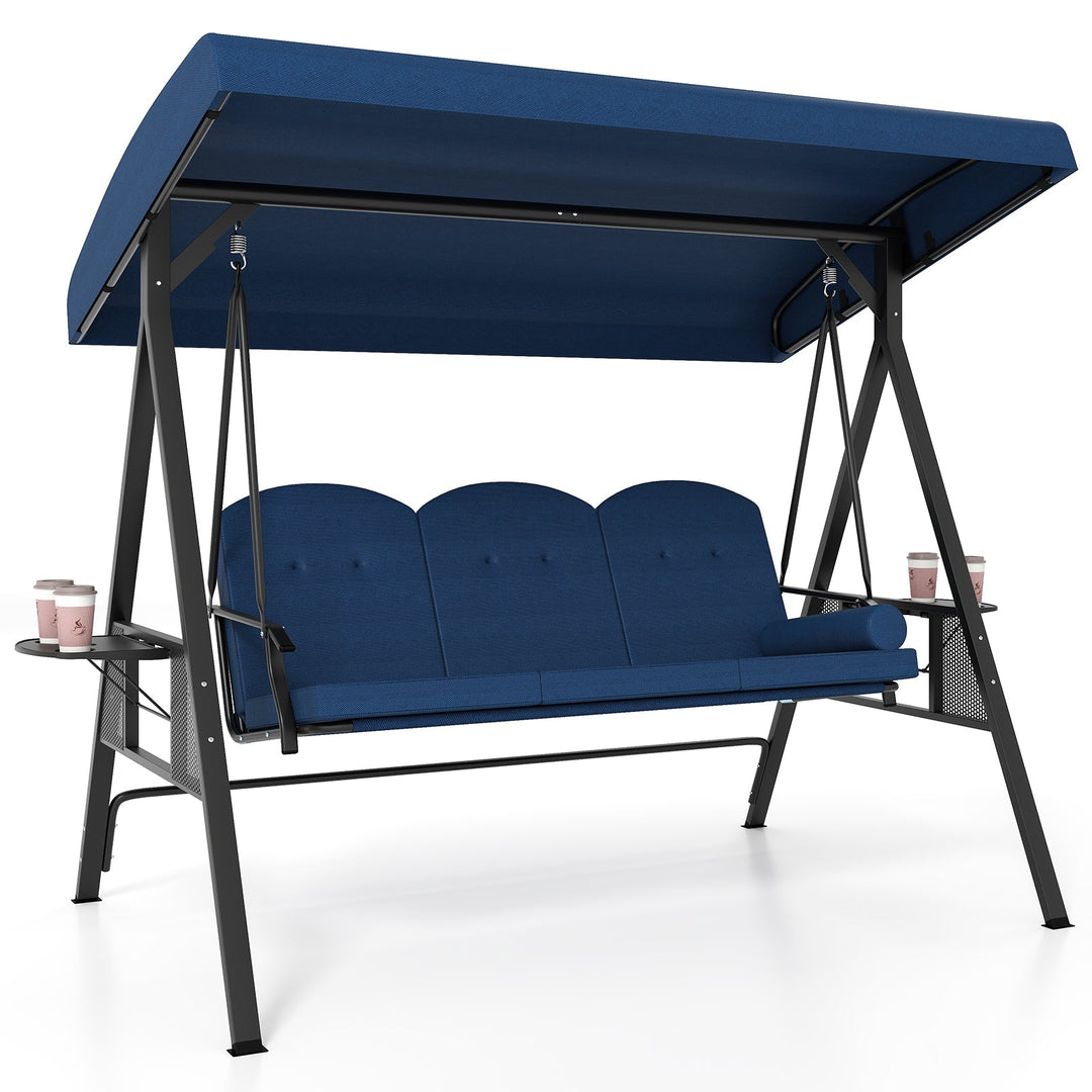3-Seat Patio Swing Chair Porch Swing with Adjustable Canopy Thickened Cushions Pillow and Foldable Side Trays