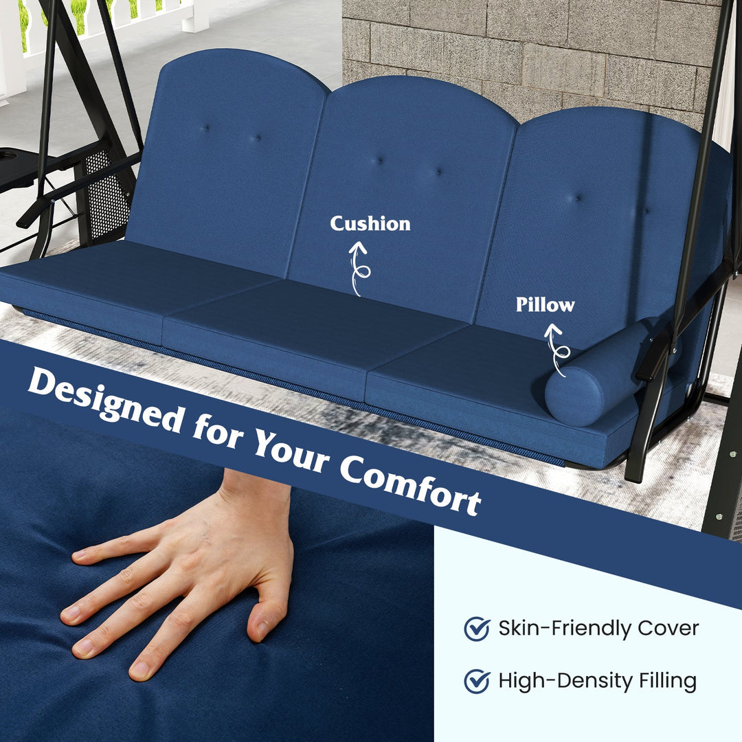 3-Seat Patio Swing Chair Porch Swing with Adjustable Canopy Thickened Cushions Pillow and Foldable Side Trays