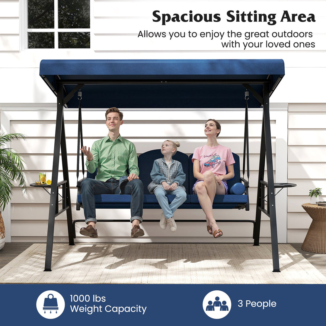 3-Seat Patio Swing Chair Porch Swing with Adjustable Canopy Thickened Cushions Pillow and Foldable Side Trays