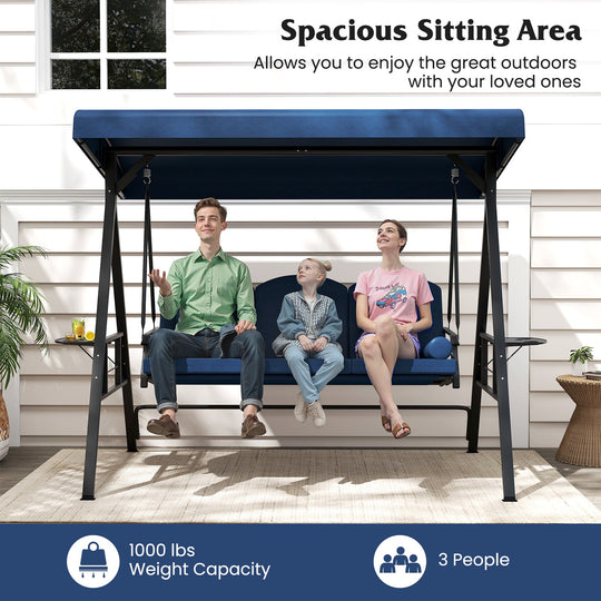 3-Seat Patio Swing Chair Porch Swing with Adjustable Canopy Thickened Cushions Pillow and Foldable Side Trays