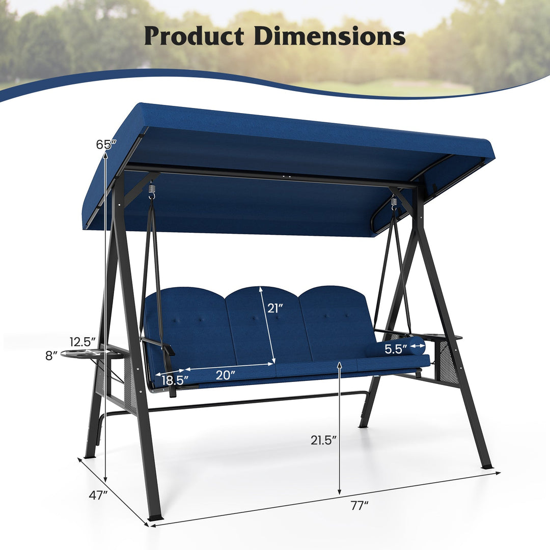 3-Seat Patio Swing Chair Porch Swing with Adjustable Canopy Thickened Cushions Pillow and Foldable Side Trays