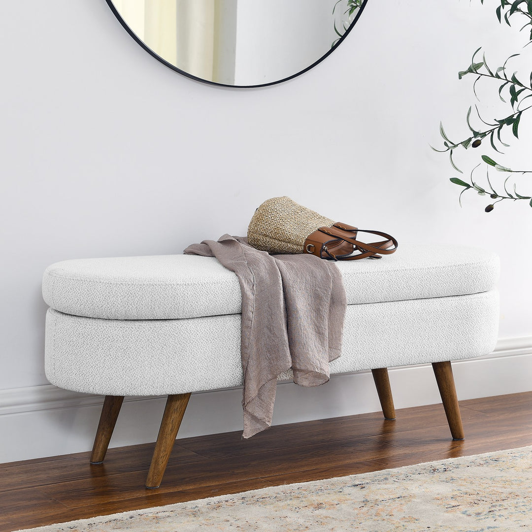 Oval Storage Ottoman Bench, Upholstered Storage Bench with Rubberwood Legs, Multifunctional Entryway Bench for Bedroom L