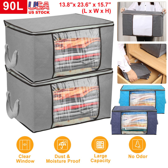 2Pcs Clothes Storage Bag 90L Large Capacity Foldable Closet Organizer w/ Thick Fabric Clear Window Dual-Zipper for Clothes Comforters Blankets Bedding
