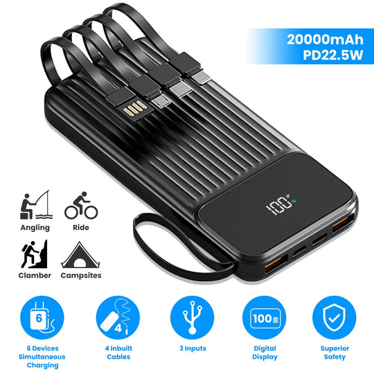 PD22.5W Fast Charger 20000mAh Fast Charging Power Bank Portable Charger with 4 Inbuilt Cables Digital Display Handle Fit For IOSPhone 15/14 Android An
