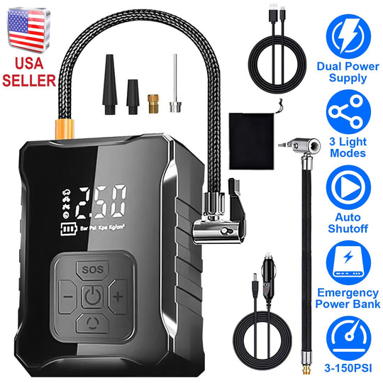 150PSI Cordless Tire Inflator with Car Charger Digital Air Compressor with LED Light Emergency Power Bank for Cars Motorcycles Bicycles Balls