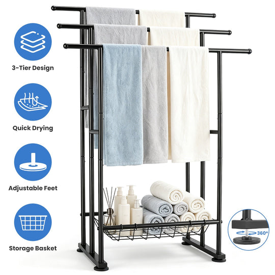 3-Tier Freestanding Towel Rack with Storage Basket - Black