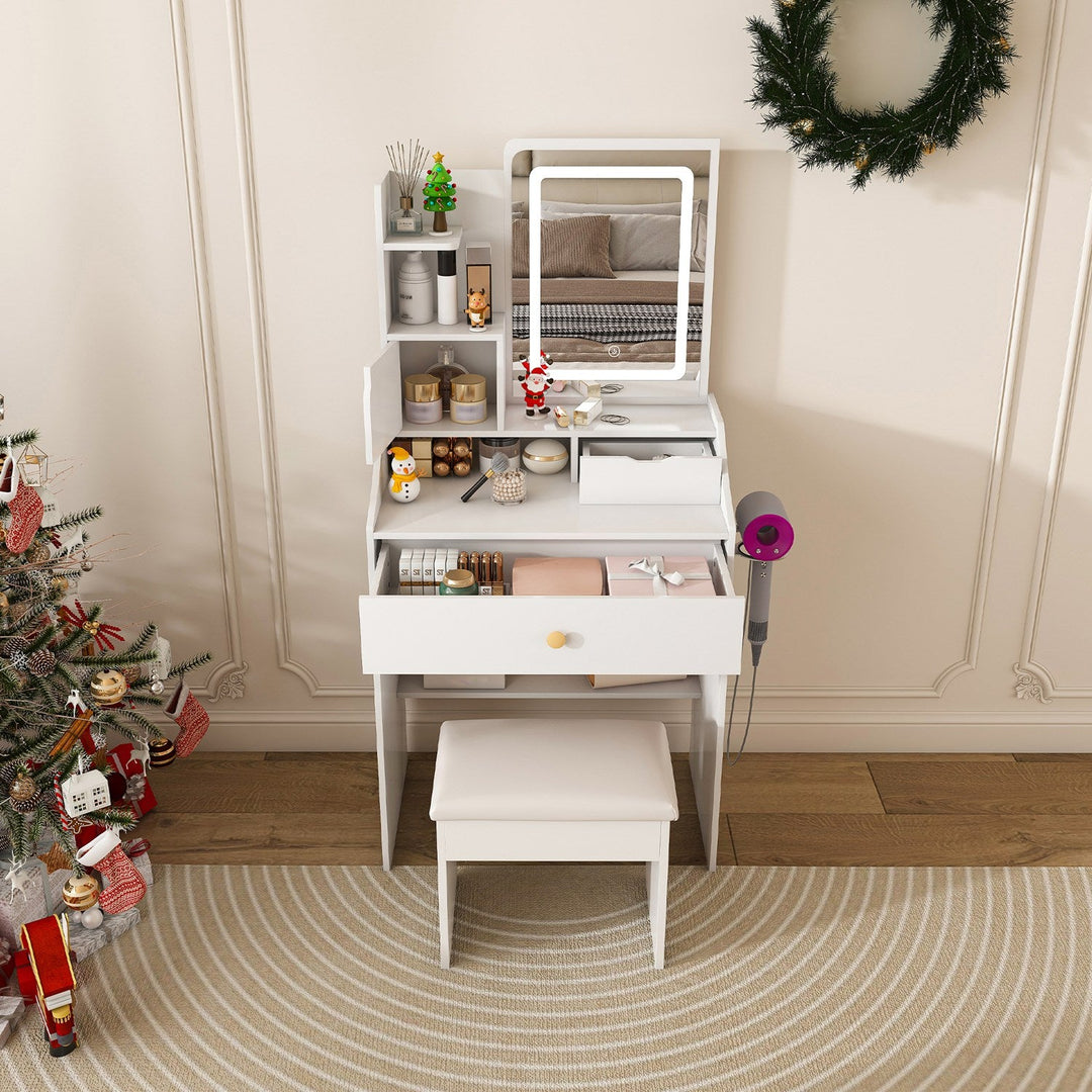 White Vanity Desk Set with LED Lighted Mirror & Padded Stool