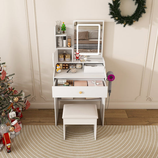 White Vanity Desk Set with LED Lighted Mirror & Padded Stool