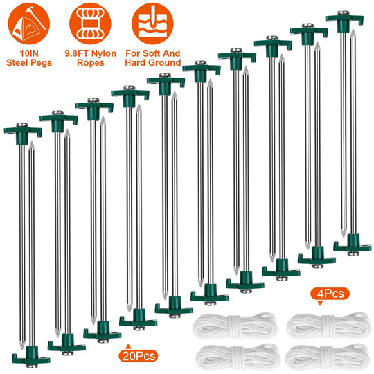 Tent Pegs Ropes Set 20Pcs 9.8in Heavy Duty Tent Stakes Nails Spike with 4x 9.8ft Nylon Ropes Tent Pop Up Canopy Stakes