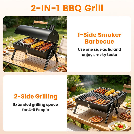 Portable Charcoal Grill with Double-Sided Cooking & 10 Skewers