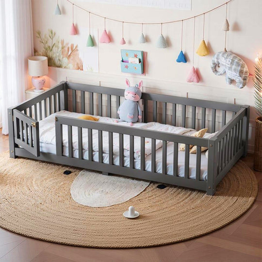 Montessori Floor Bed with Safety Guardrails and Lockable Door
