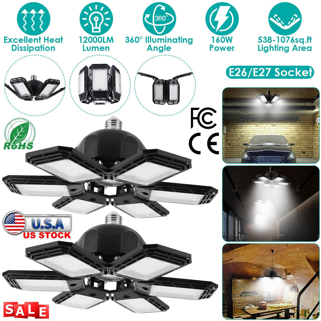 2 Packs LED Garage Lights 160W LED Shop Light Deformable E26/E27 Garage Ceiling Lights with 6 Adjustable Lighting Blades for Garage Basement Shop