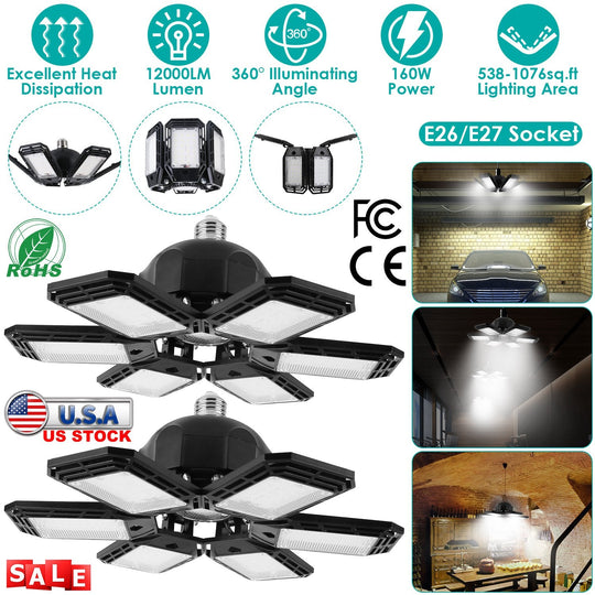 2 Packs LED Garage Lights 160W LED Shop Light Deformable E26/E27 Garage Ceiling Lights with 6 Adjustable Lighting Blades for Garage Basement Shop