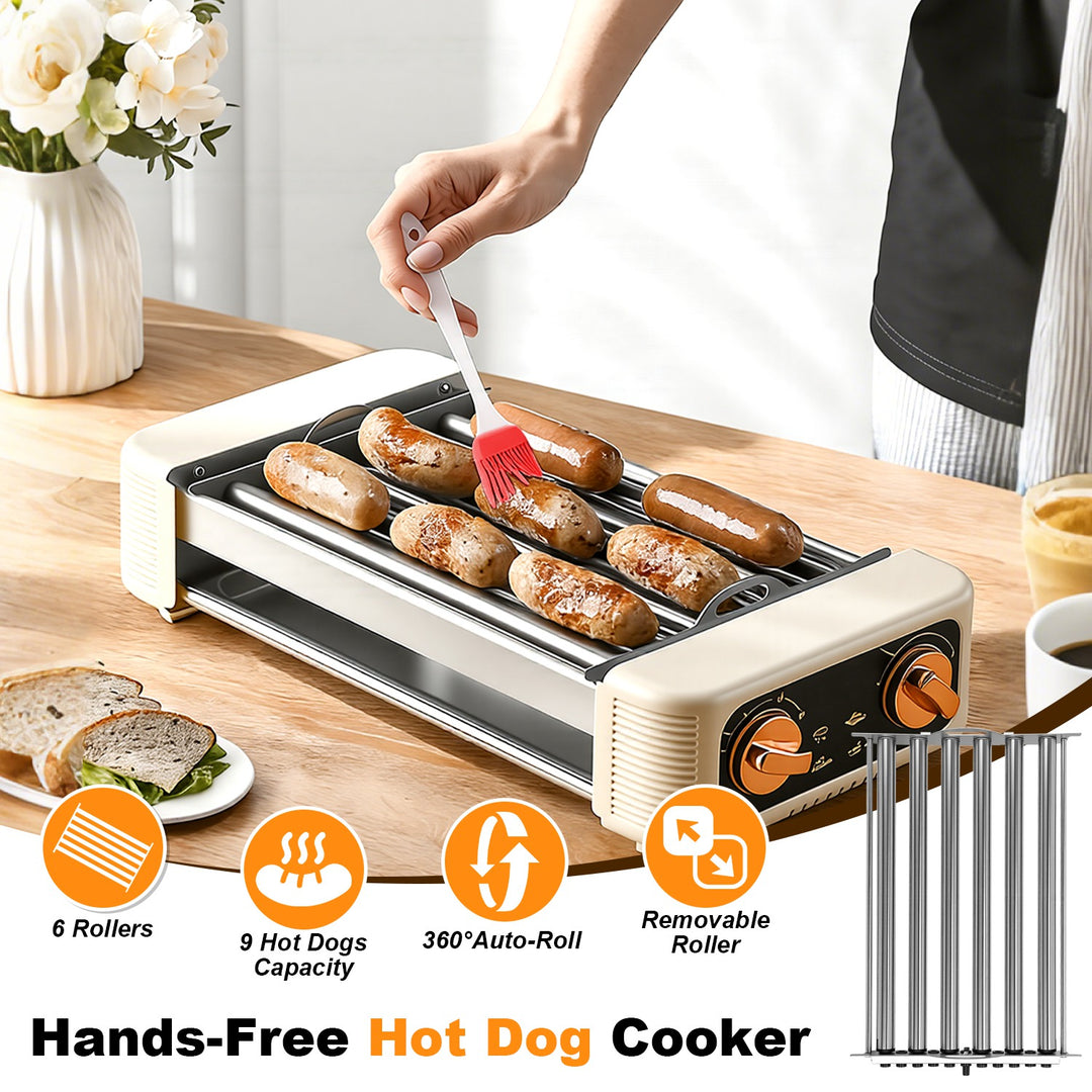 3 In 1 Electric Hot Dog Roller Machine with Grill & Griddle 6-Roller Hot Dog Cooker Smokeless Non-Stick Indoor Outdoor with 3 Temp Levels for BBQ Saus