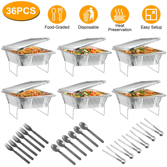 36Pcs Disposable Chafing Dish Buffet Set Food Warmers For Party Buffet Server Catering Supplies With Covers Utensils Half Size Food Pans For Parties E