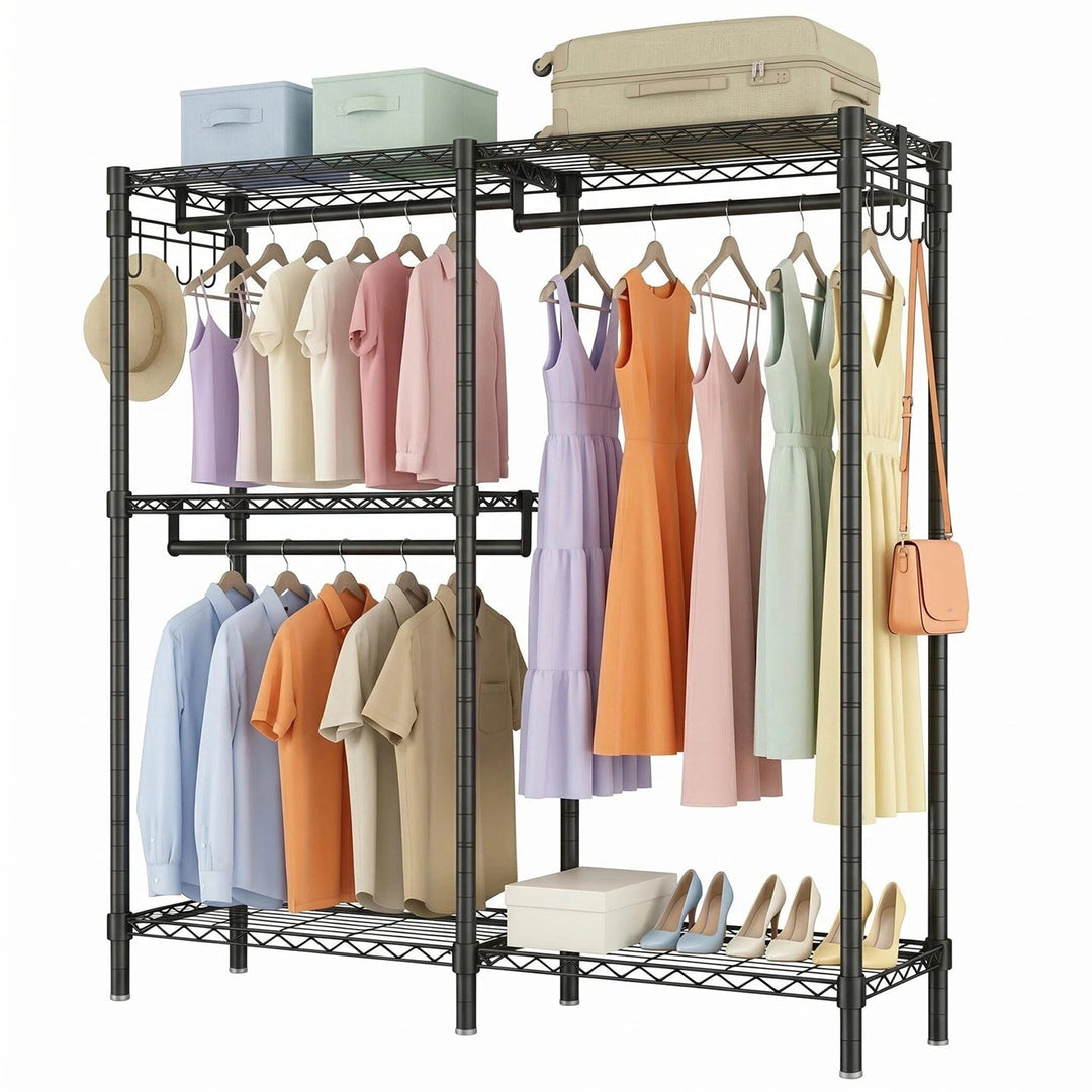 L-Shaped Garment Rack with Adjustable Shelves & 3 Hanging Rods