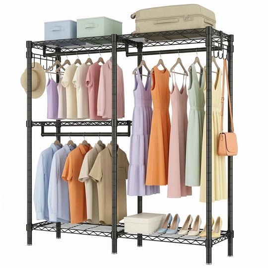 L-Shaped Garment Rack with Adjustable Shelves & 3 Hanging Rods