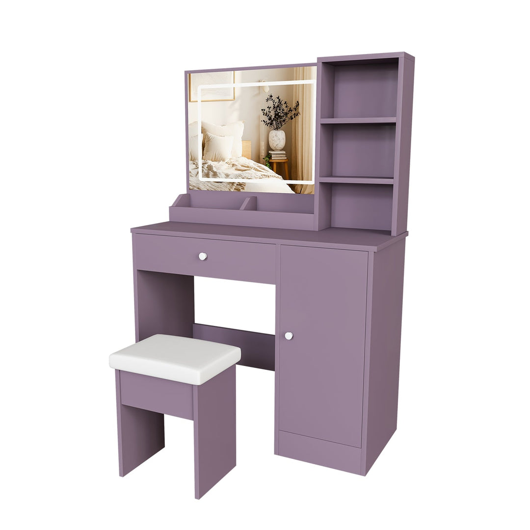 Purple Vanity Desk with Lighted Mirror & Padded Stool