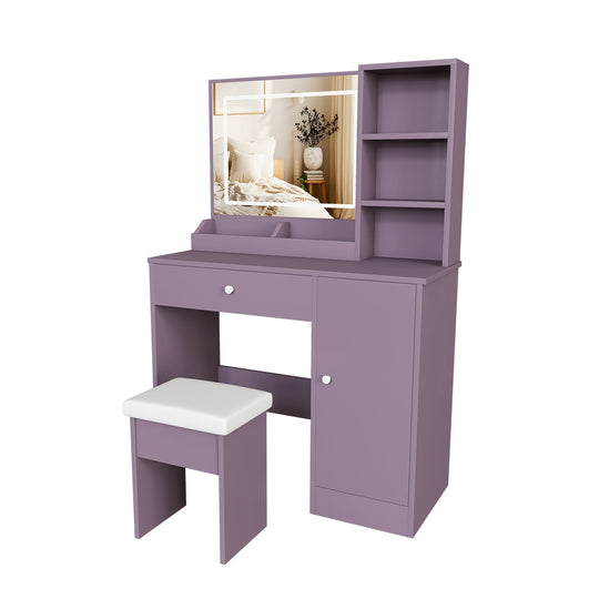 Purple Vanity Desk with Lighted Mirror & Padded Stool
