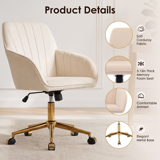 Ergonomic Office Chair with Memory Foam Cushion Corduroy Upholstered Desk Chair Adjustable Swivel Rolling Chair 300LBS M
