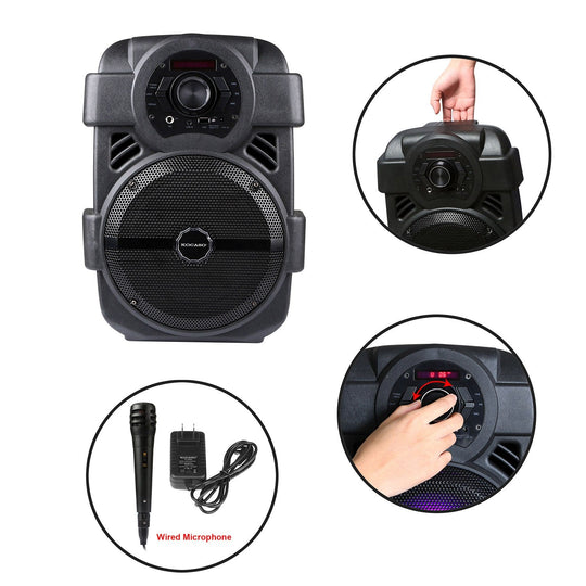 KOCASO Wireless Speaker Portable PA Karaoke System with 8" Subwoofer Sound System Wired Microphone w/ DJ Lights FM Remote Control