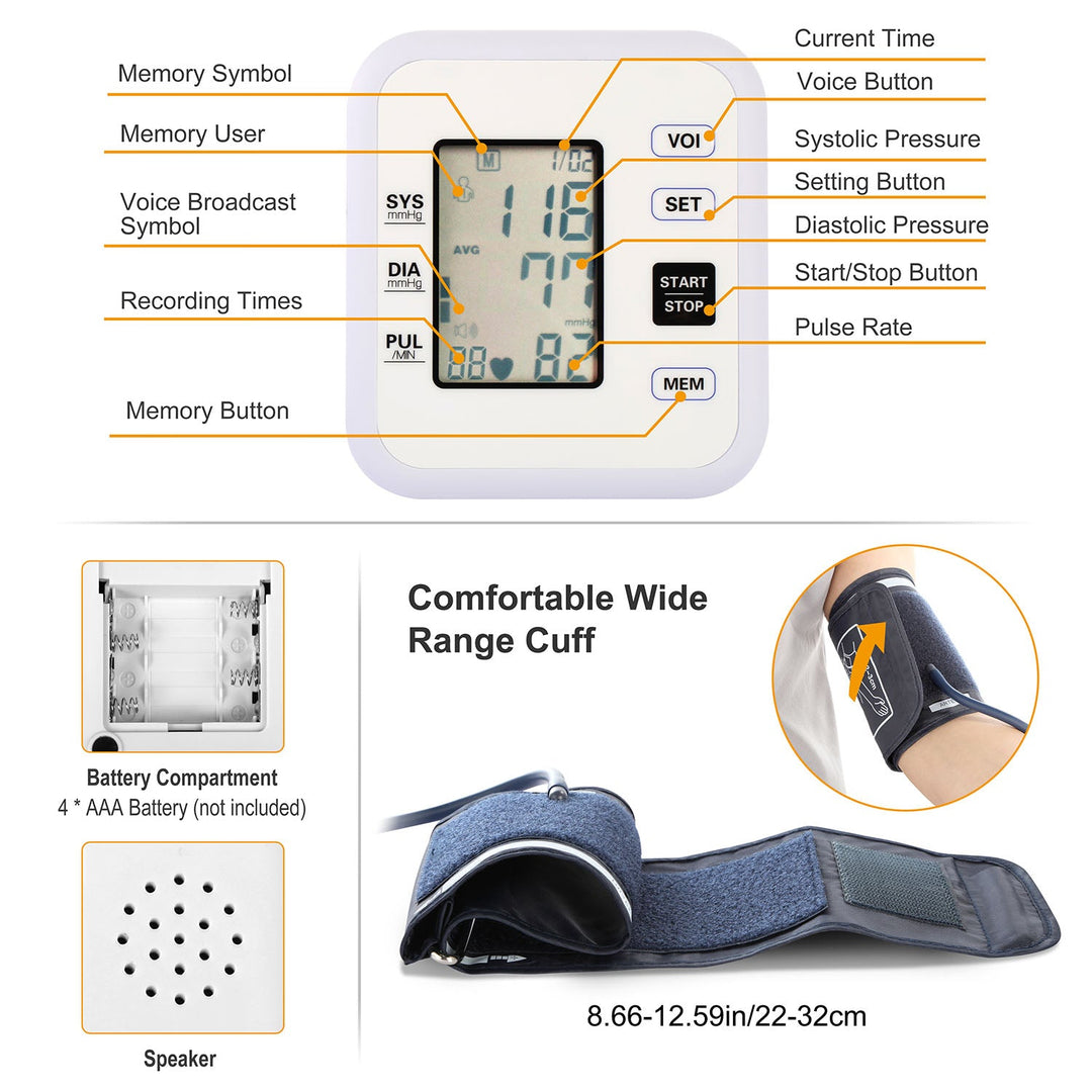 Arm Blood Pressure Monitor with Adjustable Cuff (8.7in-12.6in) Irregular Heartbeat Detector Voice Broadcast 2UsersÊ99 Memories LCD Display CE FDA Appr