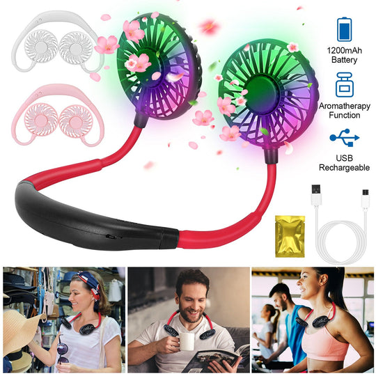 Neck Hanging Fan Hand Free Portable Aromatherapy USB Fans 360¡Rotatable Rechargeable Dual Cooling Fans w/Color Changing Led
