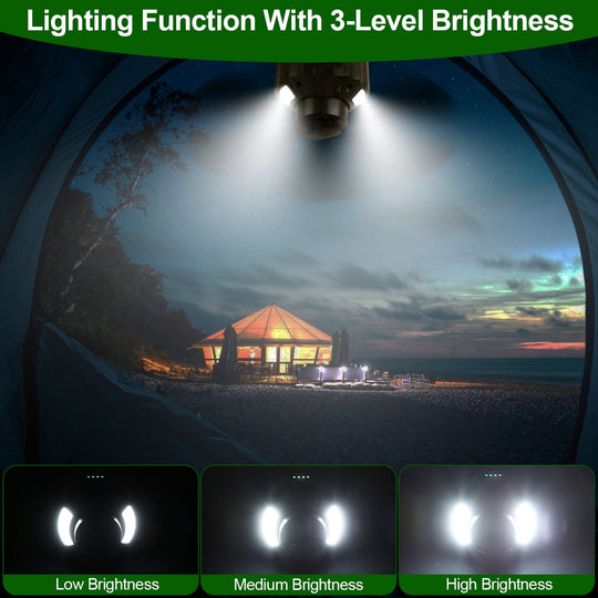 Portable Camping Ceiling LED Fan 5200mAh USB Battery Powered Hanging Tent Lantern Fan Power Bank with 3 Fan Speed 3 Light Brightness Smart Timer Remot
