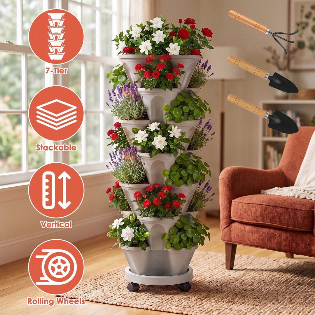 7-Tier Stackable Vertical Planter with Wheels and Drainage